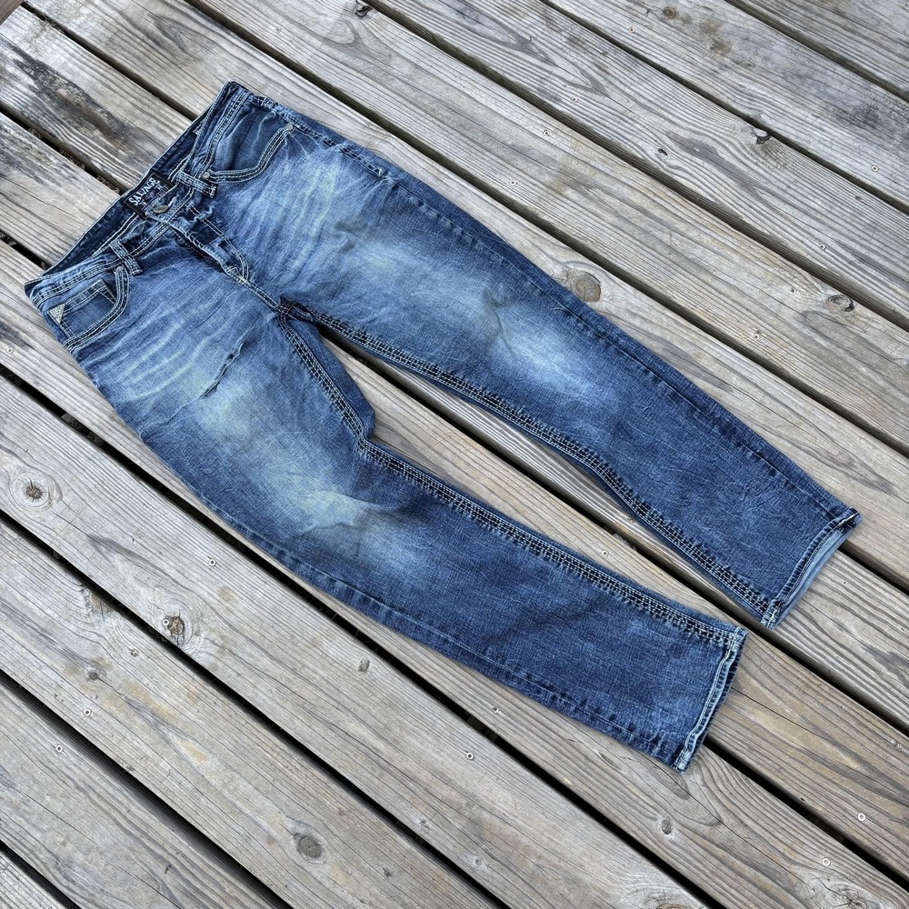 Salvage Jeans Mens 33x32 Blue Havoc Straight Slim Fit Distressed Denim